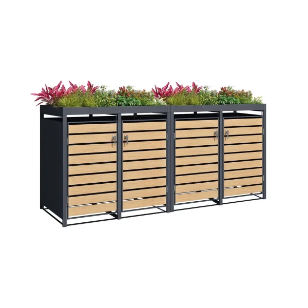 Schartec 4-Bin Wheelie Bin Store with Wooden Design and Planter Roof SMBF1-4-H