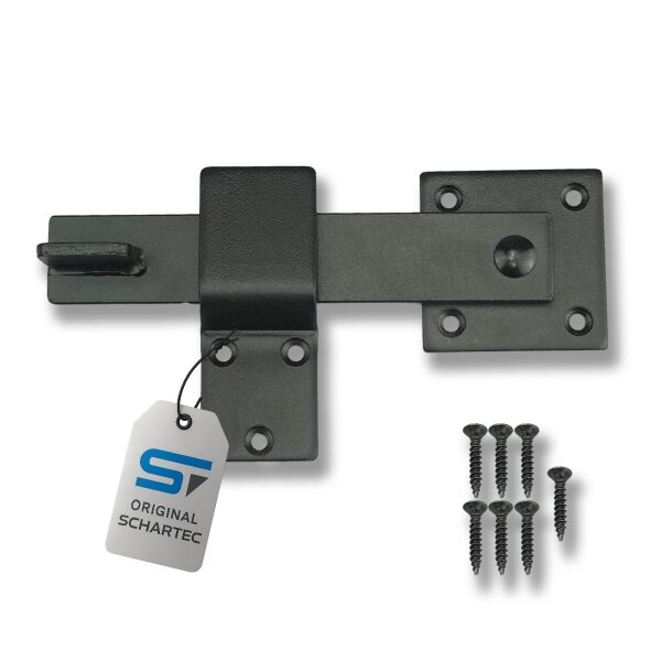 Fold-over gate bolt lock, steel, black, 360° rotatable, for barn, garden & sliding gates, incl. screws